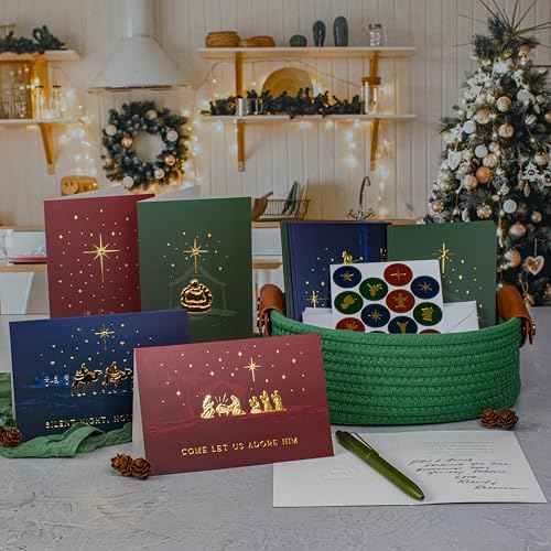 ZICOTO Beautiful Christmas Cards Set of 20 with Religious Designs - Incl. Bulk Envelopes, Matching Stickers And Storage Box - Perfect to Send Warm Holiday Wishes to Friends and Family