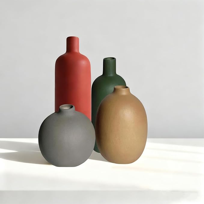 Modern Ceramic Vase Set – 4 Piece Rustic Decorative Vases for Boho Living Room Centerpieces, Entryway Decorations, Coffee Table, Bookshelf, Fireplace Mantel