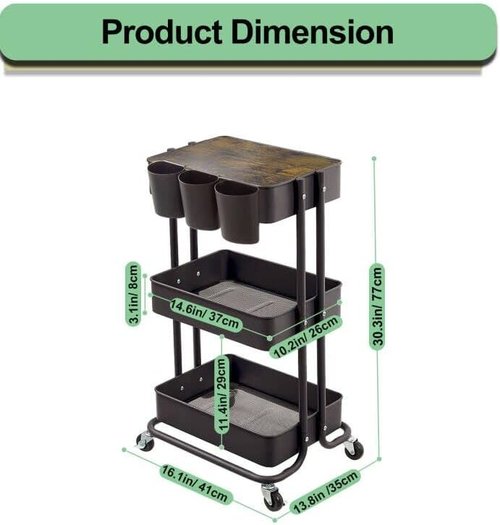 Skiennix 3-Tier Metal Rolling Cart - Versatile Storage Solution for Office & Kitchen, Black