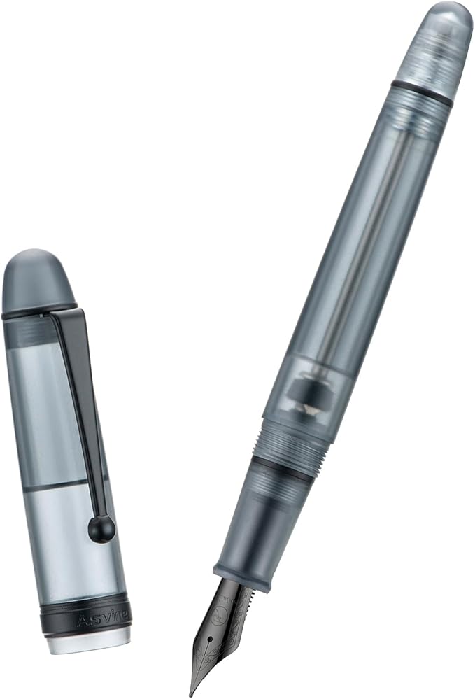 Asvine V126 Vacuum Filling Fountain Pen, Matte Black Acrylic Fine Nib, Large-Capacity Pen with Gift Case