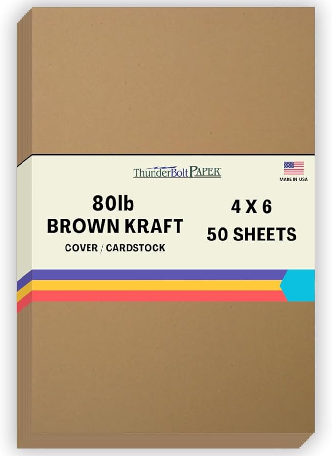50 Brown Bag Colored Cardstock Paper Sheets - 4 X 6 Inches Photo|Card|Frame Size – 80 lb/pound Cover|Card Weight 216 gsm - Natural Kraft Fiber with Darker Specks - Slightly Rough Finish