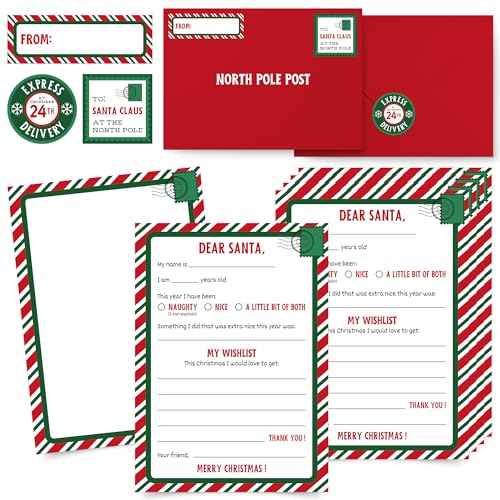 Perfect Occasion Letters To Santa - 10 Pack - Red & Green Kit - Large Double Sided 5.75" x 8" Official Letters To Santa + Envelopes & Stickers - Fill In The Blank Wish List For Kids - Set of 10