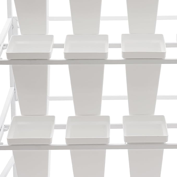 3-Layers Flower Display Stand Metal Plant Holder with 12PCS Buckets Moving Plant Cart Shelf Flower Shelf for Florist Garden Patio,3.28 * 1.84 * 4.04ft (White Frame With White Buckets)