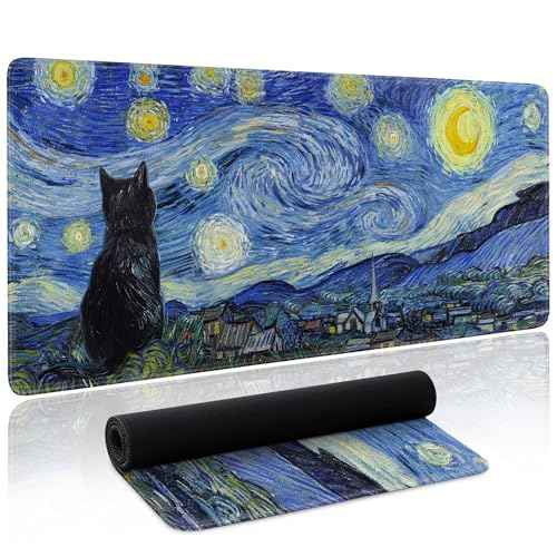 Starry Night Cat Gaming Mouse Pad Large Desk Mat Extended Keyboard Mouse Pad Anime Mousepad with Non-Slip Base and Stitched Edge Mouse Mat Desk Pad 31.5 x 11.8 Mouse Pads for Desk Home Office Gaming