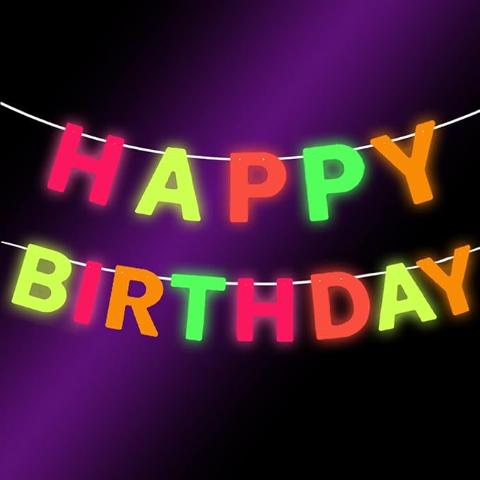 Neon 'Happy Birthday' Banner, UV Glow Party Supplies & Decorations, Neon Color, Letter Print, 118.08 x 8.7 Inches, Birthday Occasion