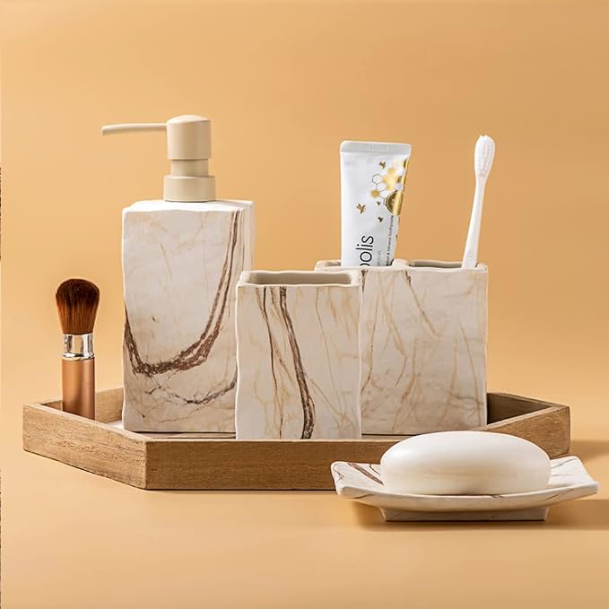 RQYIXI Bathroom Accessories Set 4 Pieces Toothbrush Holder Soap Dispenser Ceramic Bathroom Decor Set Contain Toothbrush Cup Soap Dish Tumbler Marble Brown