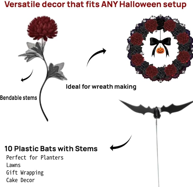Gothic Black and Red Artificial Dahlia Flowers – Luxury Faux Bouquet for Vase Decor, Dark Aesthetic Centerpiece Arrangement for Modern Home, Living Room, Entryway & Dining Table Décor