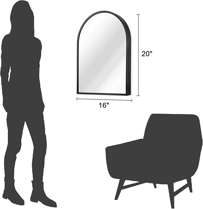 Arch Wall Mirror 20"x16" Large Black Bathroom Mirror Metal Frame Mirrors for Wall, Decoration Vanity Bedroom Entryway Living Room