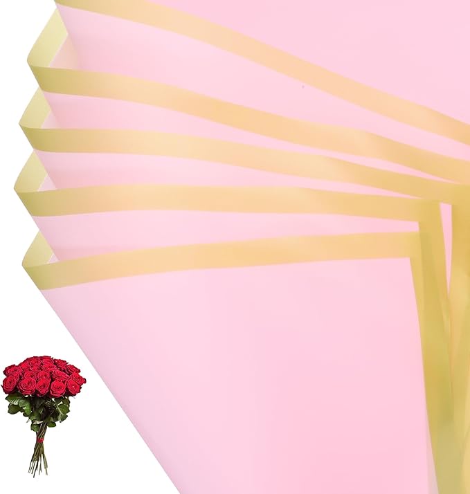PATIKIL Flower Gift Wrapping Paper, 20 Sheets Gold Edge Waterproof Bouquet Paper Wrap Florist Supplies Packaging Floral Papers for Wedding DIY Craft Valentine Mother's Day, Pink