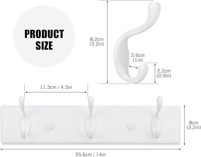 Wooden Coat Rack, Wall-Mounted Organizer for Closet, Entryway, Hallway, Foyer, Bedroom, Heavy Duty Double Hooks for Hanging Towels, Bags, Hats, Jackets, Key (White, 3 Hooks)