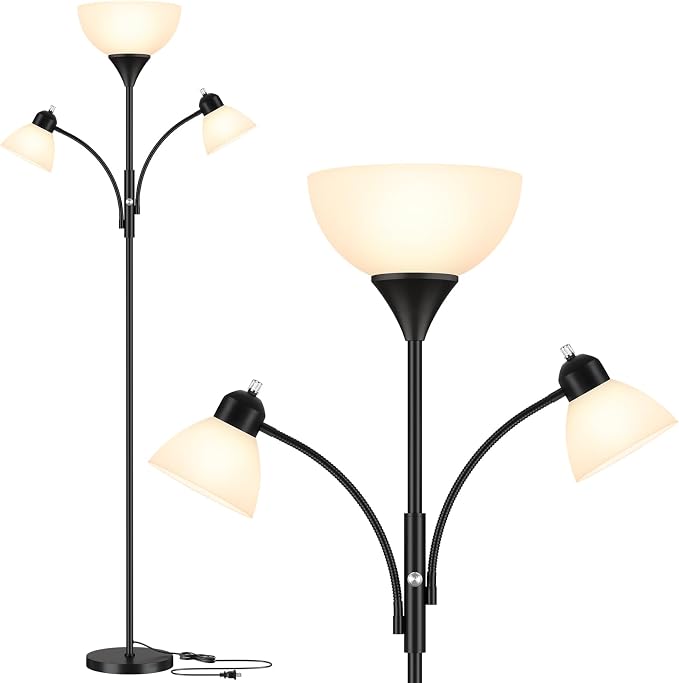 Coucrek Torchiere Floor Lamps for Living Room,72" Dimmable Lamp with 2 Adjustable Reading Lights for Bedroom, Black Tall Standing Room Lamp, 3 Bulbs Included