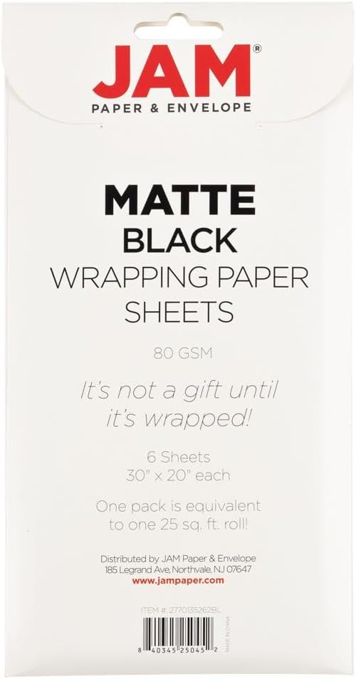 JAM Paper Gift Wrap - Matte Wrapping Paper Sheets - 30" x 20" Per Sheet (25 Sq Ft Total) - Matte Black - 6 Sheets/Pack