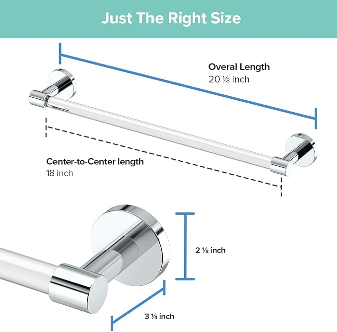 Gatco 5711 Clarion Towel Bar | 18" L Bathroom Towel Rack| Wall Mount Bathroom Towel Holder | Crystal-Clear Acrylic & Chrome Finish