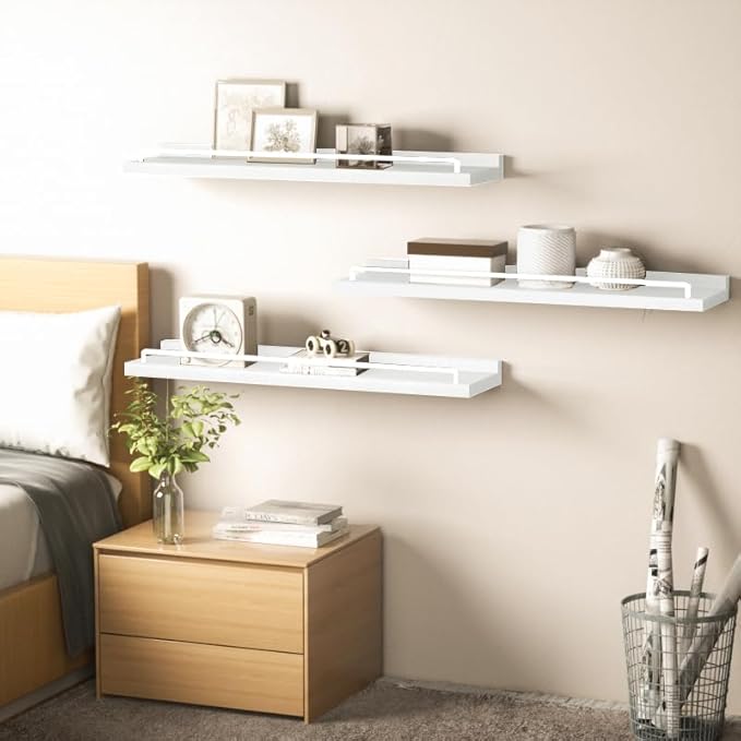 RYOFOBETTO 22 inches Long Floating Shelves, Bathroom Decor Shelves Over Toilet, Farmhouse Wall Shelves for Living Room, Bedroom, Picture Frames, Plants, Kitchen, Set of 3 (White)
