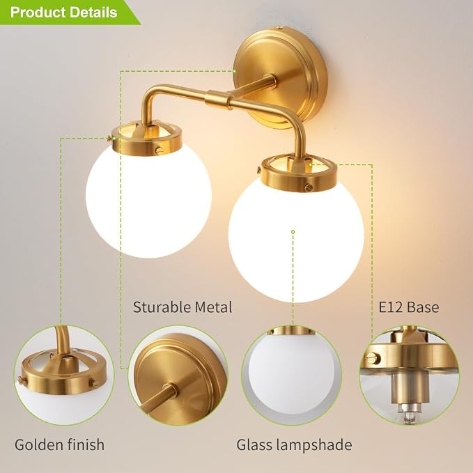 Bathroom Vanity Light Fixtures Over Mirror, Modern Brass Gold 2 Lights Wall Sconce Lighting with Milky Glass Ball Shades, Mid Century Farmhouse Bathroom Lighting