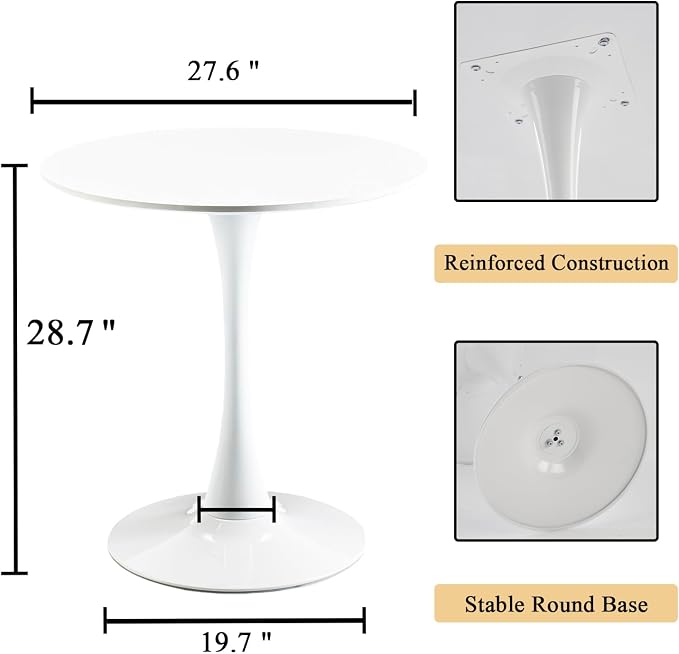 Round Dining Table, 27.6" Small Tulip Kitchen Round Dinner Table for 1-2 People with Metal Pedestal Base and MDF Tables Top Mid-Century Tables for Dining Room, Cafe, Kitchen, White