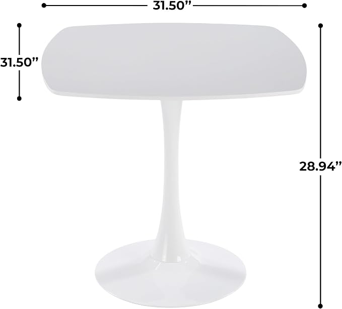 31.5 Inch Square Dining Table for 2 to 4 Person Mid Century Modern Tulip Table with Metal Pedestal Base Thick MDF Top for Apartment Kitchen Bistro Office, White