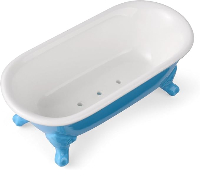 6.5" Ceramic Mini Decorative Clawfoot Bathtub Bar Soap Dish, Kitchen Sponge Holder and Shower Tray for Bathroom, 1 Pack(Pacific Blue)