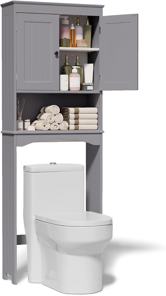 Gizoon Over The Toilet Storage Cabinet with Adjustable Shelf and Double Doors, Bathroom Space Saver Organizer Above Toilet with Open Shelf, Taller Wooden Free Standing Toilet Rack -Grey