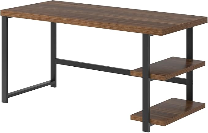 FOLUBAN Modern Computer Desk, Wood Home Office Desk, Study Writing Gaming Table Workstation with Storage Shelves for Living Room Bedroom, Rustic Walnut, 53 Inch