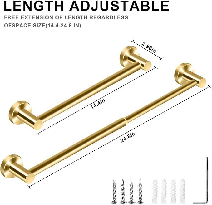 MGahyi Towel Racks for Bathroom-Adjustable Towel Holder(13.18inch-24inch) Sturdy and Rustproof Towel Bar Wall Mounted, Single Towel Bar Rod for Bathroom Accessories (Gold, 1Pack-Towel Bar)