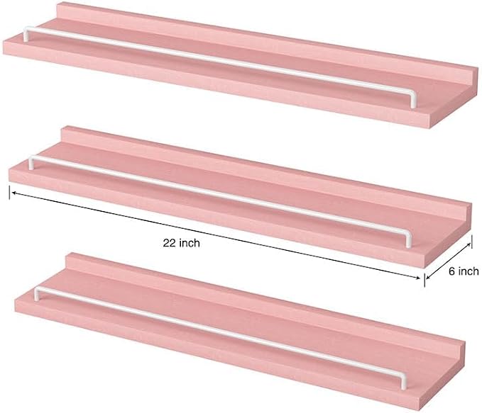 RYOFOBETTO 22 inches Long Floating Shelves, Bathroom Decor Shelves Over Toilet, Farmhouse Wall Shelves for Living Room, Bedroom, Picture Frames, Plants, Kitchen, Set of 3 (Pink and White)