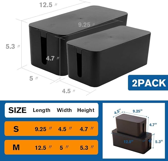 Cable Management Box Organizer, Pack of 2 Wire Concealer to Cover Hide Surge Protector & Power Strip on Desk Floor, with 5 Cord Fastening Tapes for Office, Home, Kitchen (Luxury Black)