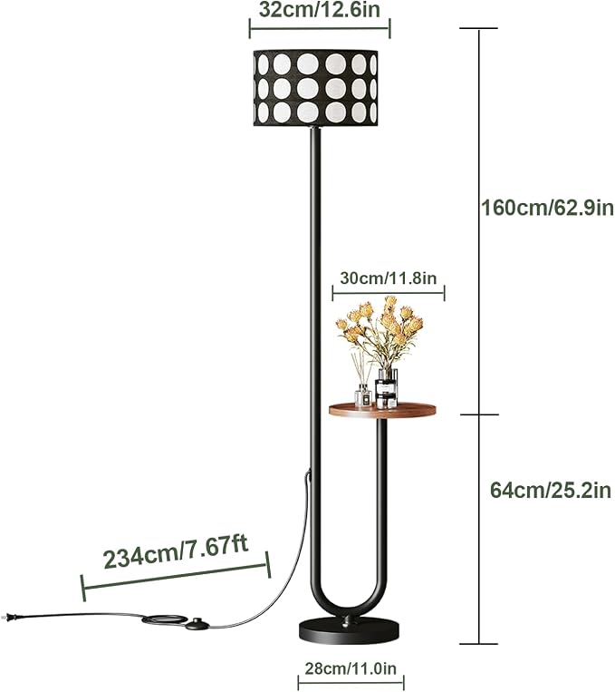 62.9" Floor Lamp with Table Brown, Black Lampshade Vintage Standing Lamp with Tray Foot Switch, 3 Color Temperatures LED Bulb Included, for Living Room, Bedroom