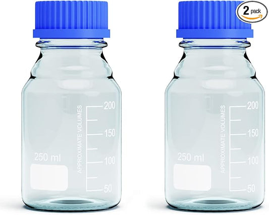 Borosilicate Glass Bottles - 2pcs Round Media Storage Bottle - 250ml with GL45 Blue Screw Cap