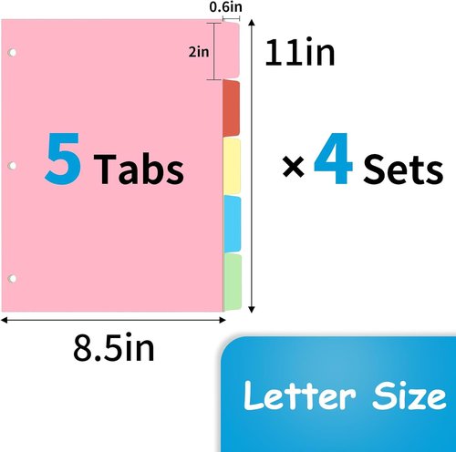 Binder Dividers - 1/5 Cut Tabs for 3 Ring Binders | Colorful Blank Write-On Page Dividers, 20 Total
