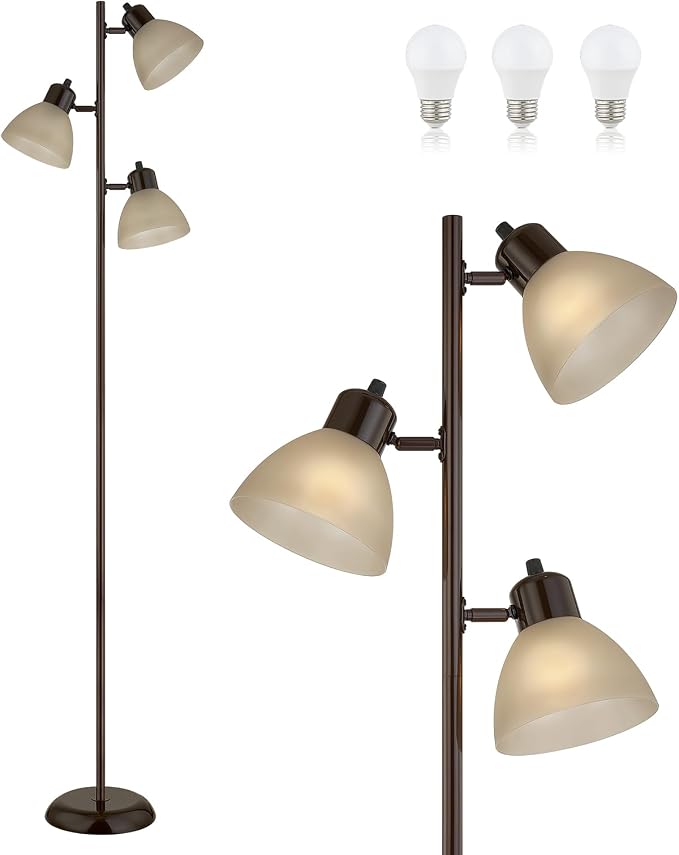 Modern Tree Floor Lamp for Living Room Bedroom, Tall Pole Standing Lamps with 3 Adjustable Rotating Heads for Office, Decor Corner, Reading Indoor, 3 Bright Lights LED Bulbs Included (Brown)
