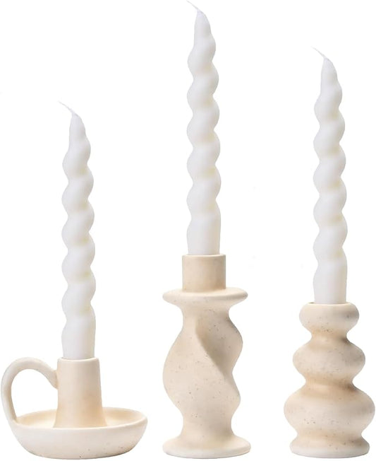 Ceramic Taper Candle Holders Set of 3, Cream White Candlestick Holder Nordic Modern Decorative Candle Stand for Home Decor, Dining Table Centerpiece, Housewarming Gift