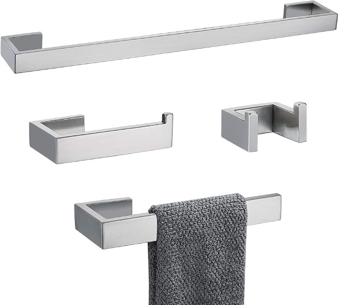 4 Pieces Bathroom Hardware Accessories Set Towel Bar Towel Holder Robe Hook Toilet Paper Holder Stainless Steel,Q8-P4BR