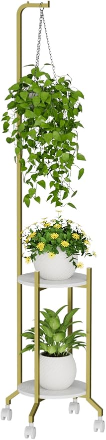 VyGrow Plant Stand Indoor, 2 Tier Hanging Tall Plant Shelf with Wheels, 3 Potted Corner Flower Stand Metal Plant Holder, Plant Shelves for Living Room, Bedroom, Patio, Outdoor, Gold