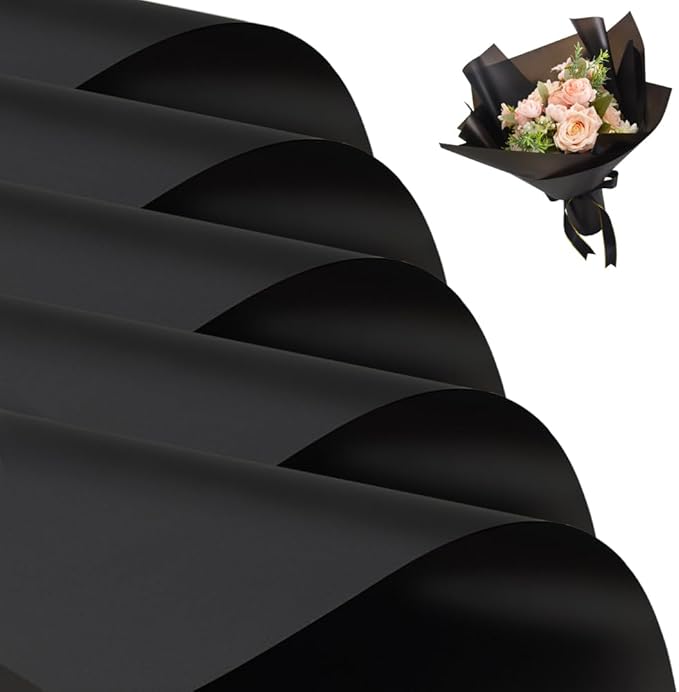 BEISHIDA 20 PCS Black Floral Wrapping Paper-Matte Waterproof Flower Wrapping Paper Bouquet for Florist Supplies, DIY Crafts, Gift Packaging, Birthday Wedding Mother's Day Gift