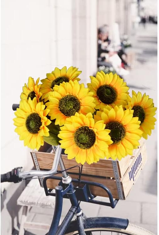 Artificial Sunflowers Flowers 8pcs Single Long Stem Large Faux Silk Sunflower Flower Bouquets for Wedding Party Bulk Yellow Centerpieces Home Decor