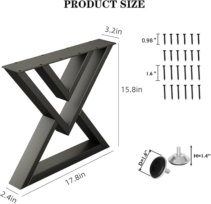 Heavy Duty Coffee Table Legs 16 Inch Set of 2, Industrial Metal Bench Legs 600 LBS Load Capacity, for DIY Bench, End Table, Side Table, Rust-Proof & Adjustable Feet Matte Black