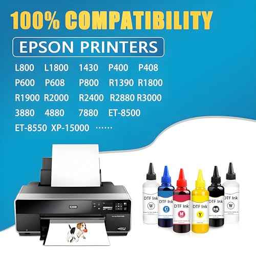 DTF Ink Bottle Premium Heat Transfer Printing Direct to Film Refill Ink for Epn L800, L805, L1800, R1390, R2400, ET-8550,XP-15000 Printers (100ml x 6, Black, White, Cyan, Magenta, Yellow)