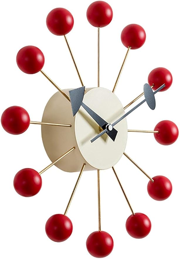 SHISEDECO Mid Century Painted Solid Wood Non Ticking Decorative Modern Silent Wall Clocks Retro Design for Home, Kitchen, Living Room, Office etc.,(Ball Clock in Red)