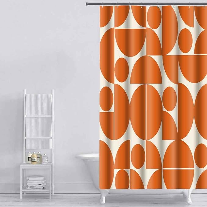 Vintage Orange Mid Century Modern Shower Curtain Boho Abstract Geometric Art Shower Curtains for Bathroom Decor 48x72 Inch 70s 80s Retro Washable Fabric Bathroom Set with 8 Hooks
