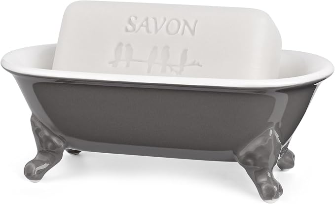 6.5" Ceramic Mini Decorative Clawfoot Bathtub Bar Soap Dish, Kitchen Sponge Holder and Shower Tray for Bathroom, 1 Pack(Stone Gray)