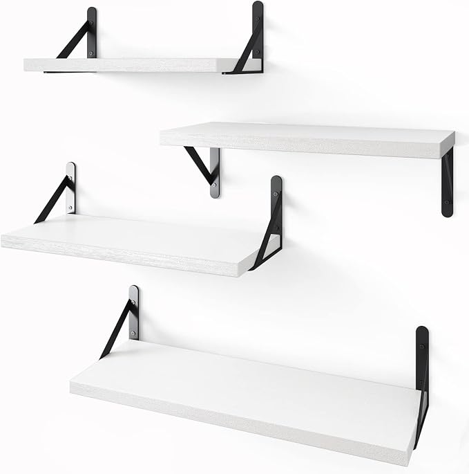 YGEOMER Floating Shelves for Wall, Different Sizes White Wall Shelves for Living Room, Bathroom, Bedroom, Kitchen, Home Decor (Set of 4)