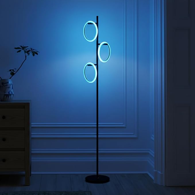Brightech Saturn Modern Color Changing Floor Lamp - Tall Tree LED Lamp Perfect for Living Room Decor - Beautiful RGB Color Gradient and 3 LED Lights for Bedroom, Office, Reading - Black