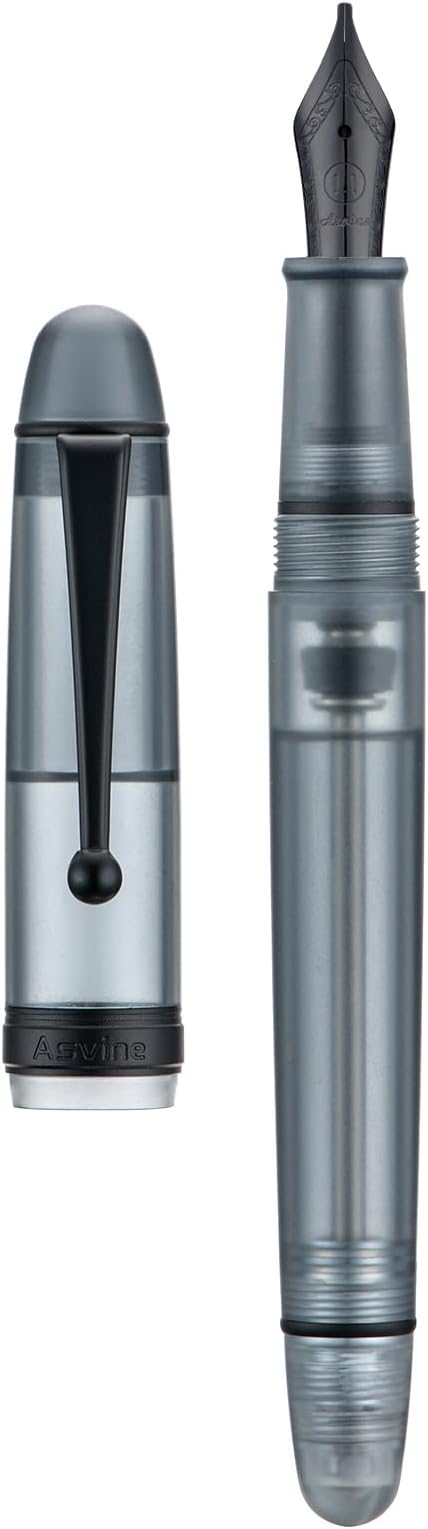 Asvine V126 Vacuum Filling Fountain Pen, Matte Black Acrylic Stub Nib 1.1mm Calligraphy Art Drawing with Case Set