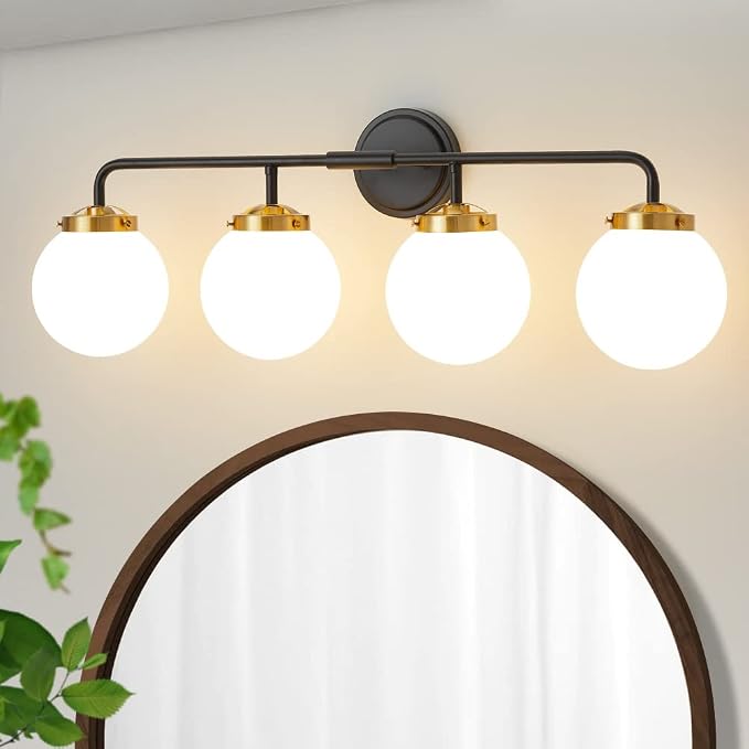 Black Gold Bathroom Light Fixtures Above Mirror, Modern Vanity Lighting with White Glass Globe Shade 4-Light Farmhouse Wall Sconce
