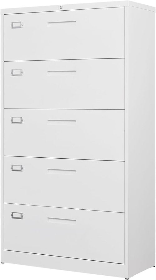 Letaya Lateral 5 Drawer File Cabinet - Secure Metal Filing Storage for Home Office | White Finish