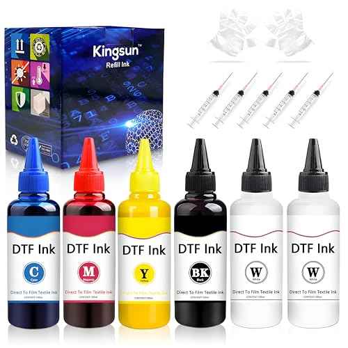 DTF Ink Bottle Premium Heat Transfer Printing Direct to Film Refill Ink for Epn L800, L805, L1800, R1390, R2400, ET-8550,XP-15000 Printers (100ml x 6, Black, White, Cyan, Magenta, Yellow)