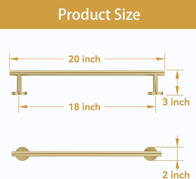 Brushed Gold Towel Bar, 18 Inch Bathroom Towel Rack (Total Length 20-Inch), Towel Holder Wall Mounted, Thicken SUS304 Stainless Steel Towel Rod Modern Home Decor