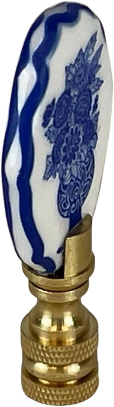 Royal Designs, Inc. Blue & White Porcelain Oval Birds Design Finial for Lamp Shade, Polished Brass