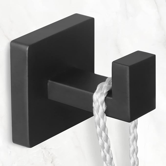 IBosins 4 Pack Towel Hooks Hand Towel Holder for Bathroom Wall Livingroom Bedroom Kitchen Closet Heavy Duty Stainless Steel Hook Hanger for Robe, Bath Towel, Coat (Square Matte Black)